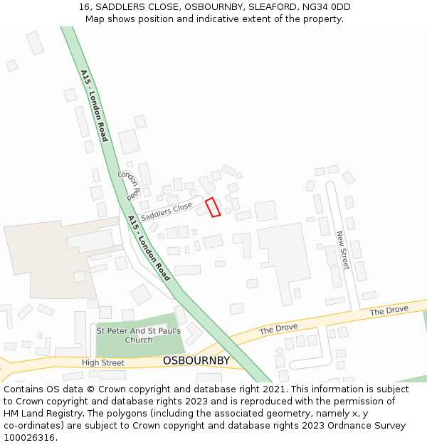 16, SADDLERS CLOSE, OSBOURNBY, SLEAFORD, NG34 0DD: Location map and indicative extent of plot