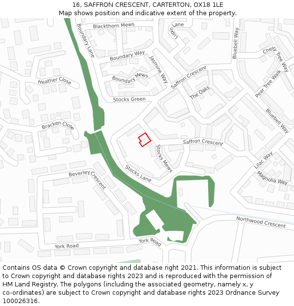 16, SAFFRON CRESCENT, CARTERTON, OX18 1LE: Location map and indicative extent of plot