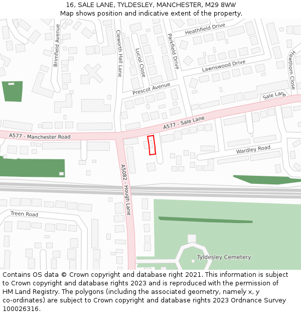 16, SALE LANE, TYLDESLEY, MANCHESTER, M29 8WW: Location map and indicative extent of plot