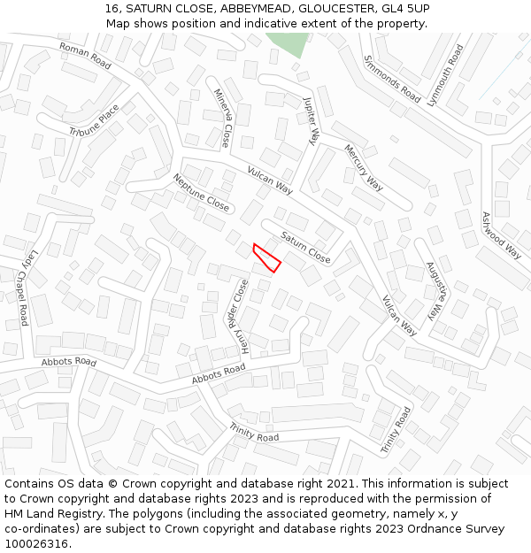 16, SATURN CLOSE, ABBEYMEAD, GLOUCESTER, GL4 5UP: Location map and indicative extent of plot