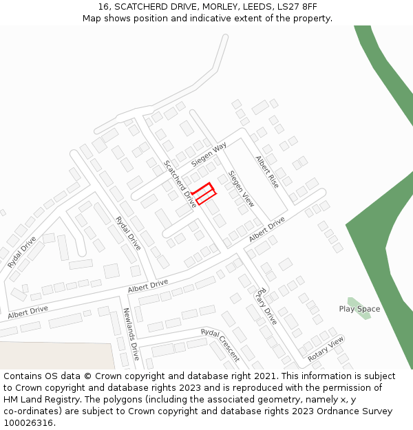 16, SCATCHERD DRIVE, MORLEY, LEEDS, LS27 8FF: Location map and indicative extent of plot