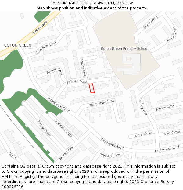 16, SCIMITAR CLOSE, TAMWORTH, B79 8LW: Location map and indicative extent of plot