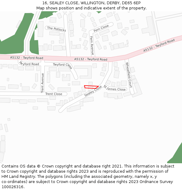 16, SEALEY CLOSE, WILLINGTON, DERBY, DE65 6EP: Location map and indicative extent of plot