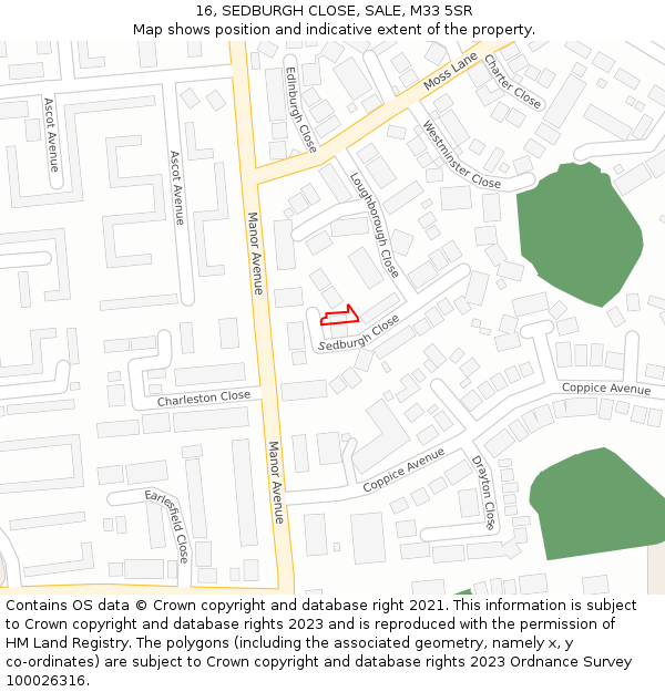 16, SEDBURGH CLOSE, SALE, M33 5SR: Location map and indicative extent of plot