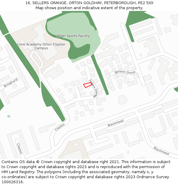 16, SELLERS GRANGE, ORTON GOLDHAY, PETERBOROUGH, PE2 5XX: Location map and indicative extent of plot