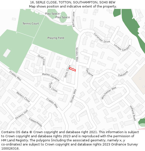 16, SERLE CLOSE, TOTTON, SOUTHAMPTON, SO40 8EW: Location map and indicative extent of plot