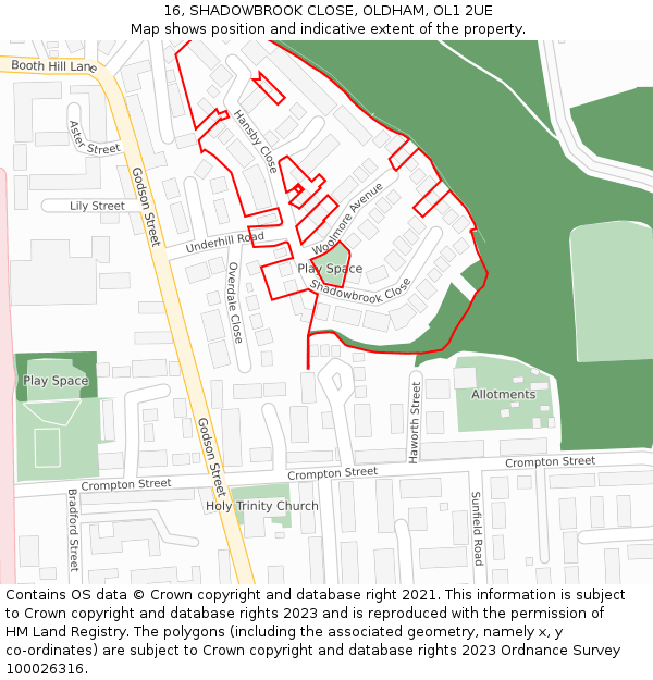 16, SHADOWBROOK CLOSE, OLDHAM, OL1 2UE: Location map and indicative extent of plot