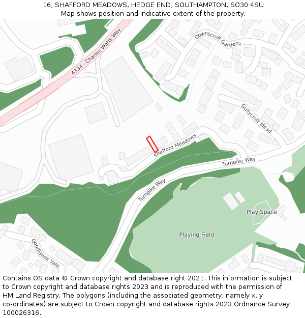 16, SHAFFORD MEADOWS, HEDGE END, SOUTHAMPTON, SO30 4SU: Location map and indicative extent of plot
