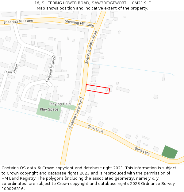 16, SHEERING LOWER ROAD, SAWBRIDGEWORTH, CM21 9LF: Location map and indicative extent of plot