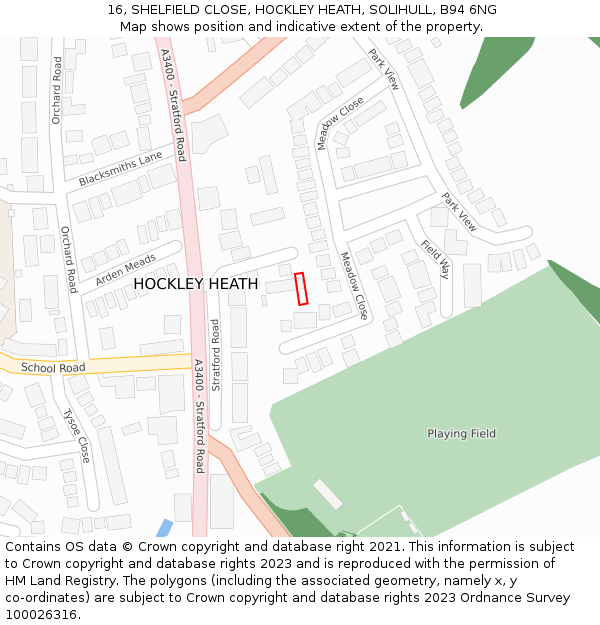 16, SHELFIELD CLOSE, HOCKLEY HEATH, SOLIHULL, B94 6NG: Location map and indicative extent of plot