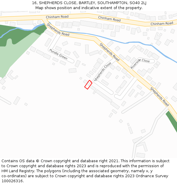 16, SHEPHERDS CLOSE, BARTLEY, SOUTHAMPTON, SO40 2LJ: Location map and indicative extent of plot