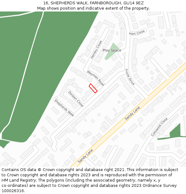 16, SHEPHERDS WALK, FARNBOROUGH, GU14 9EZ: Location map and indicative extent of plot