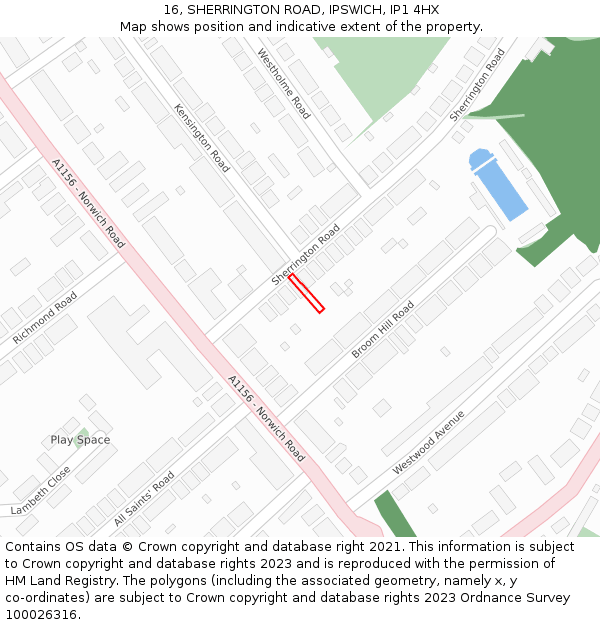 16, SHERRINGTON ROAD, IPSWICH, IP1 4HX: Location map and indicative extent of plot