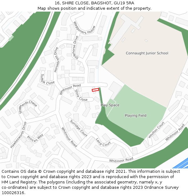 16, SHIRE CLOSE, BAGSHOT, GU19 5RA: Location map and indicative extent of plot