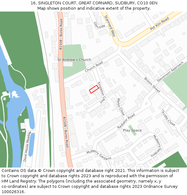 16, SINGLETON COURT, GREAT CORNARD, SUDBURY, CO10 0EN: Location map and indicative extent of plot