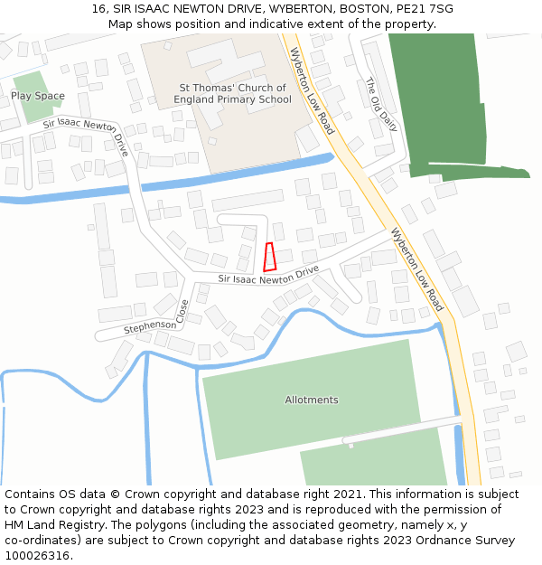 16, SIR ISAAC NEWTON DRIVE, WYBERTON, BOSTON, PE21 7SG: Location map and indicative extent of plot