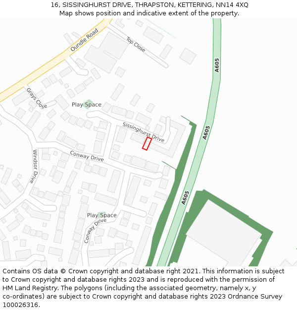 16, SISSINGHURST DRIVE, THRAPSTON, KETTERING, NN14 4XQ: Location map and indicative extent of plot