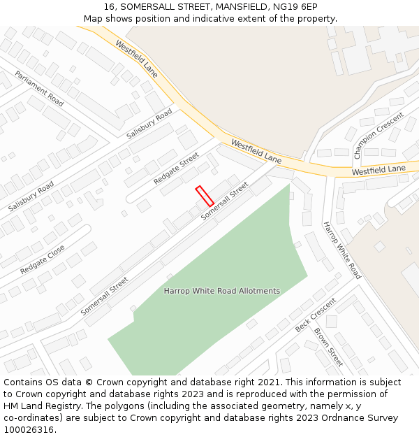 16, SOMERSALL STREET, MANSFIELD, NG19 6EP: Location map and indicative extent of plot