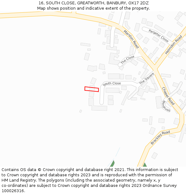 16, SOUTH CLOSE, GREATWORTH, BANBURY, OX17 2DZ: Location map and indicative extent of plot