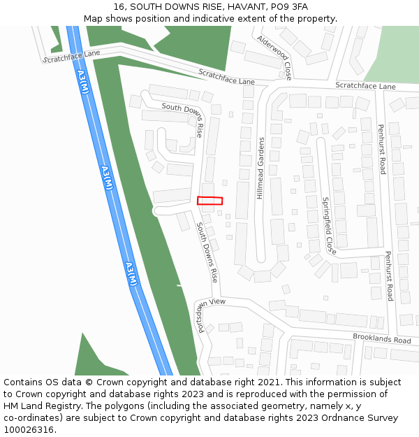 16, SOUTH DOWNS RISE, HAVANT, PO9 3FA: Location map and indicative extent of plot