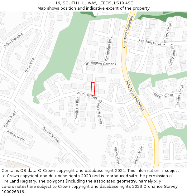 16, SOUTH HILL WAY, LEEDS, LS10 4SE: Location map and indicative extent of plot