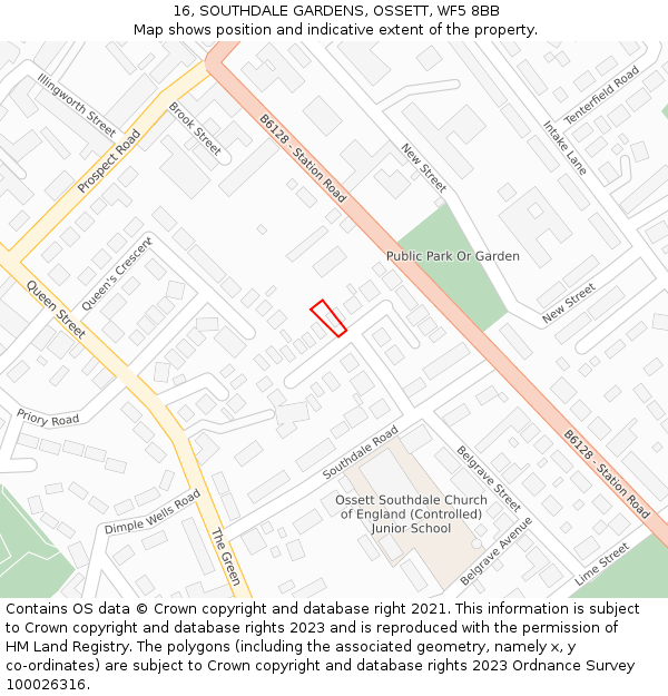 16, SOUTHDALE GARDENS, OSSETT, WF5 8BB: Location map and indicative extent of plot