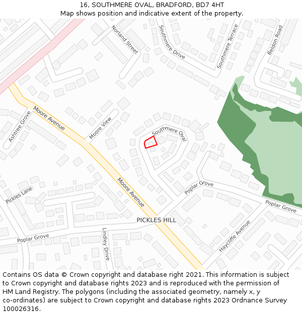 16, SOUTHMERE OVAL, BRADFORD, BD7 4HT: Location map and indicative extent of plot