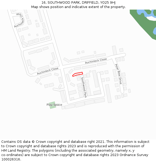 16, SOUTHWOOD PARK, DRIFFIELD, YO25 9HJ: Location map and indicative extent of plot