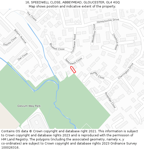 16, SPEEDWELL CLOSE, ABBEYMEAD, GLOUCESTER, GL4 4GQ: Location map and indicative extent of plot