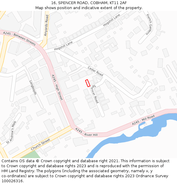 16, SPENCER ROAD, COBHAM, KT11 2AF: Location map and indicative extent of plot