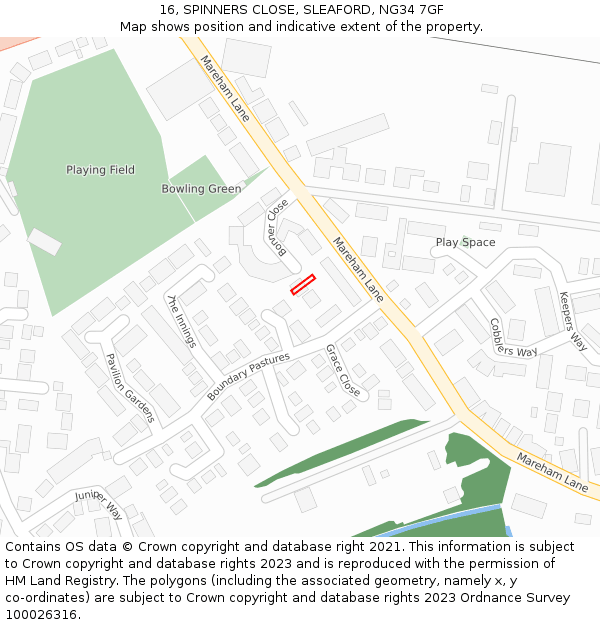 16, SPINNERS CLOSE, SLEAFORD, NG34 7GF: Location map and indicative extent of plot