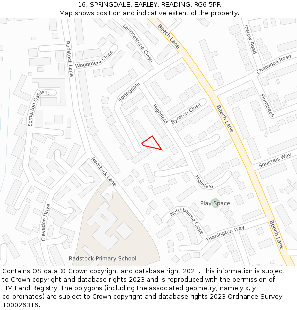 16, SPRINGDALE, EARLEY, READING, RG6 5PR: Location map and indicative extent of plot