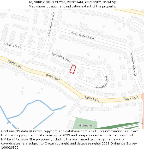 16, SPRINGFIELD CLOSE, WESTHAM, PEVENSEY, BN24 5JE: Location map and indicative extent of plot