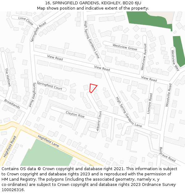 16, SPRINGFIELD GARDENS, KEIGHLEY, BD20 6JU: Location map and indicative extent of plot