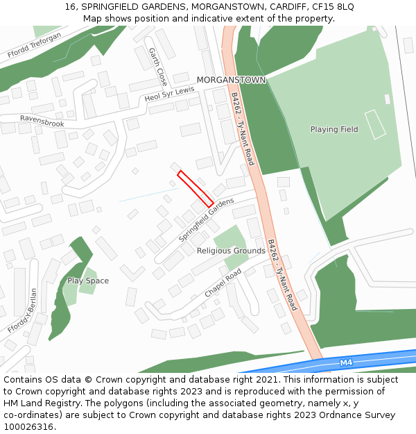 16, SPRINGFIELD GARDENS, MORGANSTOWN, CARDIFF, CF15 8LQ: Location map and indicative extent of plot