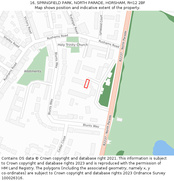 16, SPRINGFIELD PARK, NORTH PARADE, HORSHAM, RH12 2BF: Location map and indicative extent of plot