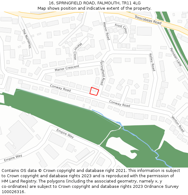 16, SPRINGFIELD ROAD, FALMOUTH, TR11 4LG: Location map and indicative extent of plot