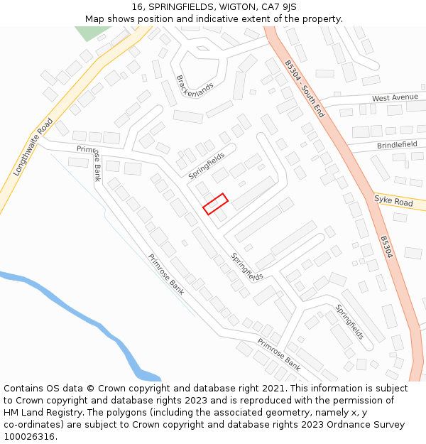 16, SPRINGFIELDS, WIGTON, CA7 9JS: Location map and indicative extent of plot