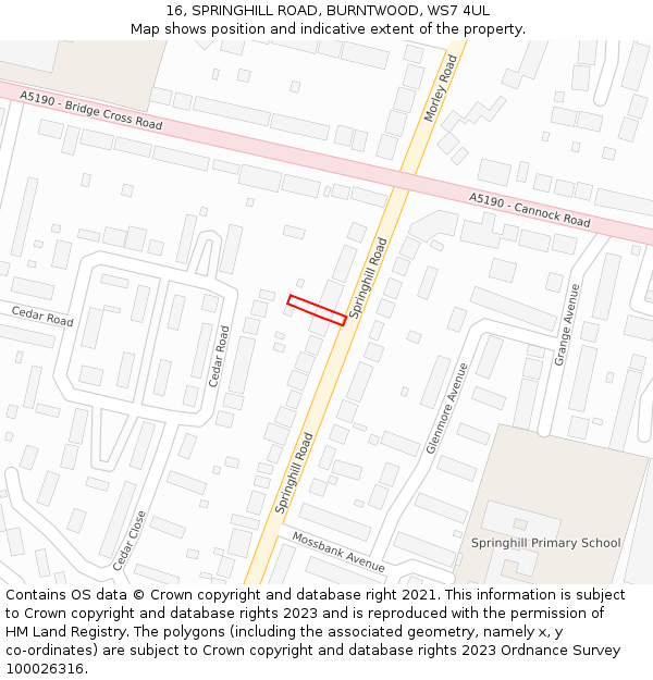 16, SPRINGHILL ROAD, BURNTWOOD, WS7 4UL: Location map and indicative extent of plot