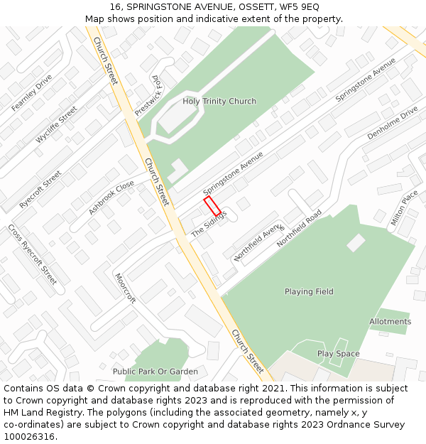 16, SPRINGSTONE AVENUE, OSSETT, WF5 9EQ: Location map and indicative extent of plot