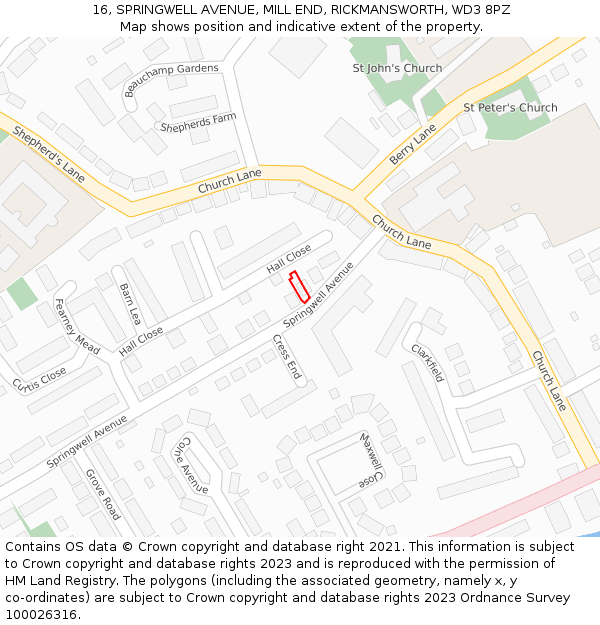 16, SPRINGWELL AVENUE, MILL END, RICKMANSWORTH, WD3 8PZ: Location map and indicative extent of plot