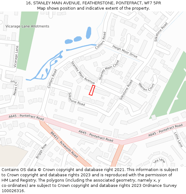 16, STANLEY MAIN AVENUE, FEATHERSTONE, PONTEFRACT, WF7 5PR: Location map and indicative extent of plot