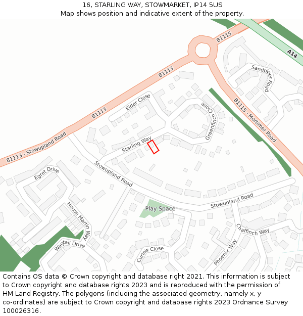 16, STARLING WAY, STOWMARKET, IP14 5US: Location map and indicative extent of plot