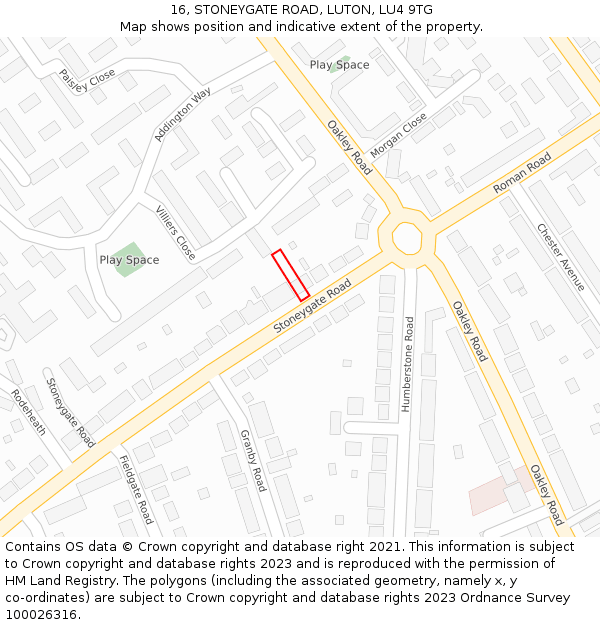 16, STONEYGATE ROAD, LUTON, LU4 9TG: Location map and indicative extent of plot