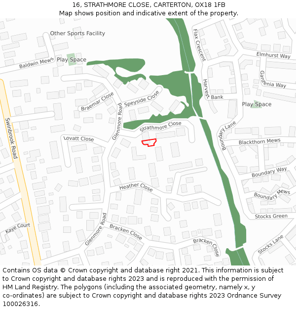 16, STRATHMORE CLOSE, CARTERTON, OX18 1FB: Location map and indicative extent of plot