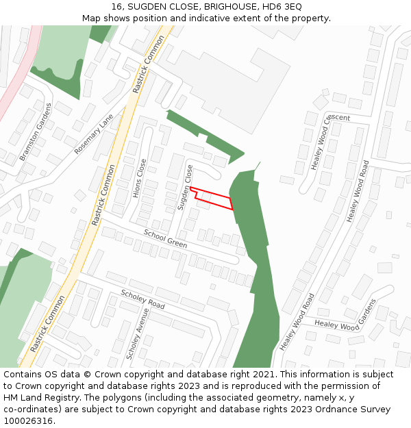 16, SUGDEN CLOSE, BRIGHOUSE, HD6 3EQ: Location map and indicative extent of plot