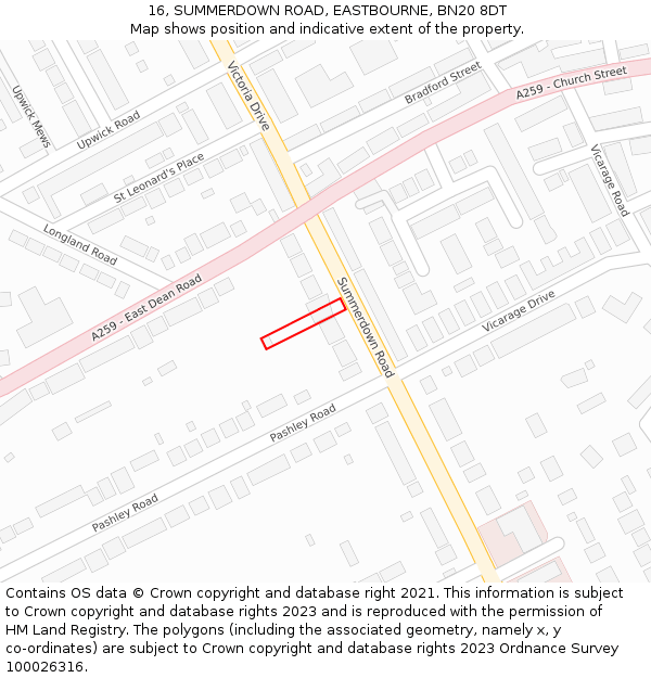 16, SUMMERDOWN ROAD, EASTBOURNE, BN20 8DT: Location map and indicative extent of plot