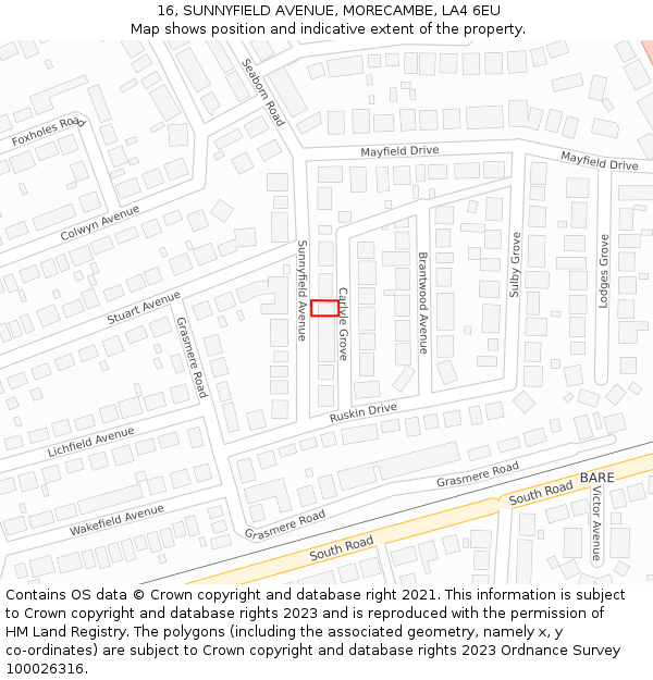 16, SUNNYFIELD AVENUE, MORECAMBE, LA4 6EU: Location map and indicative extent of plot