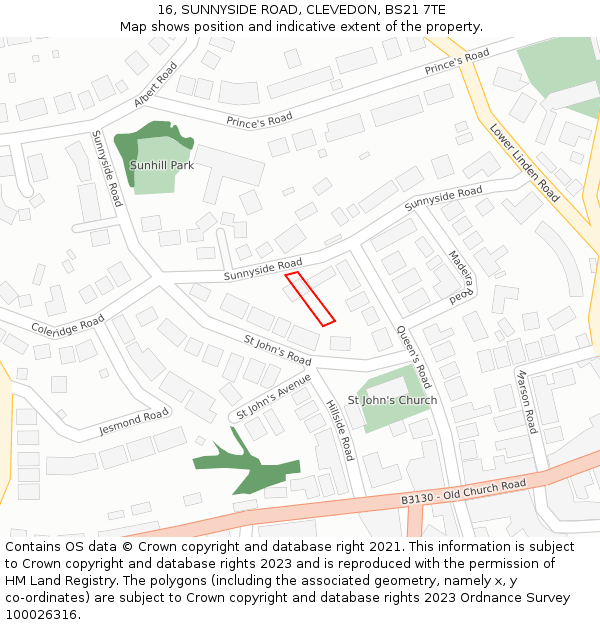 16, SUNNYSIDE ROAD, CLEVEDON, BS21 7TE: Location map and indicative extent of plot