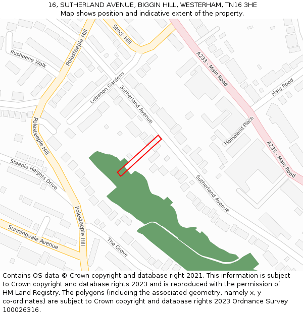 16, SUTHERLAND AVENUE, BIGGIN HILL, WESTERHAM, TN16 3HE: Location map and indicative extent of plot